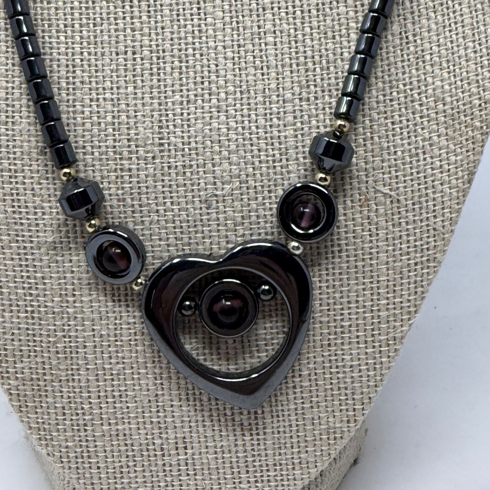 Vintage Hematite Heart Pendant Necklace Purple Cabochon Beaded 18 Inch Gothic